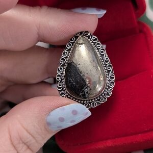 Vintage Rare Genuine Pyrite Teardrop Gemstone Set In 925 Sterling Silver Size 7